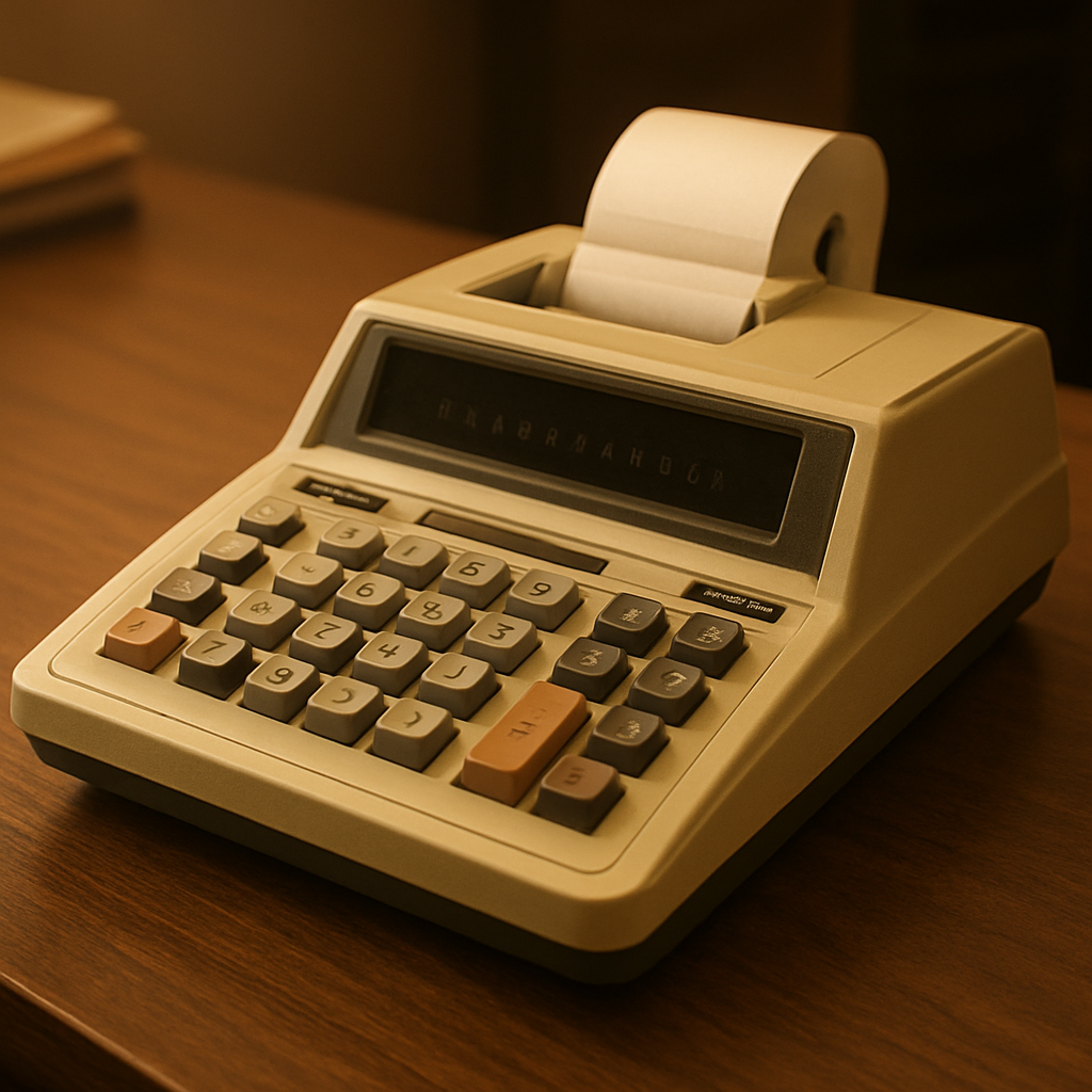 A vintage 1970s desktop printing calculator similar to the Busicom 141-PF that first used the Intel 4004