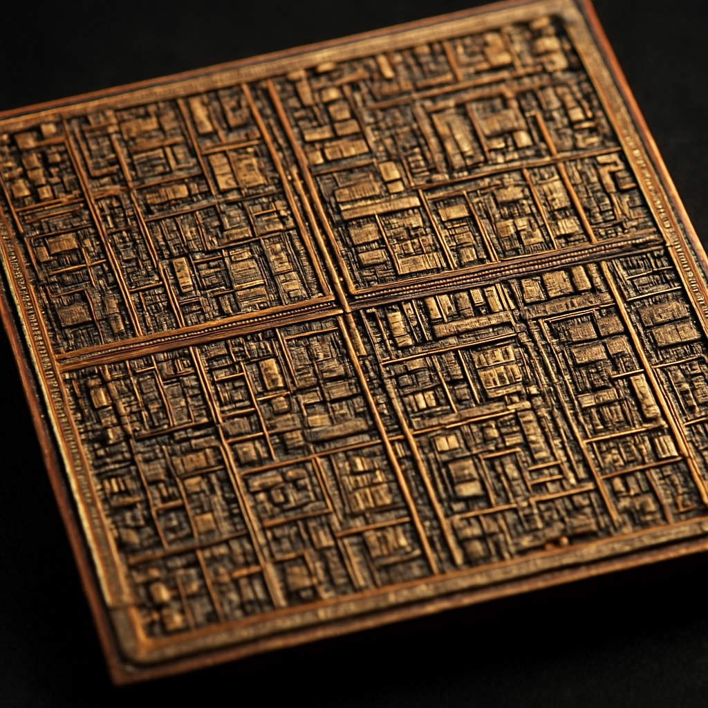 Magnified view of a vintage microprocessor silicon die showing the grid of transistors and metal interconnects